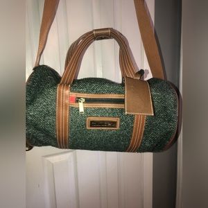 Oscar De La Renta Barrel Green Tweed Overnight Travel Bag